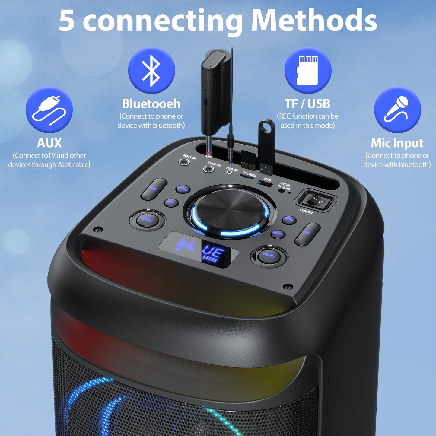 Large Bluetooth Speaker, Portable Wireless Party Speaker with DJ Lights, Remote Control, T20