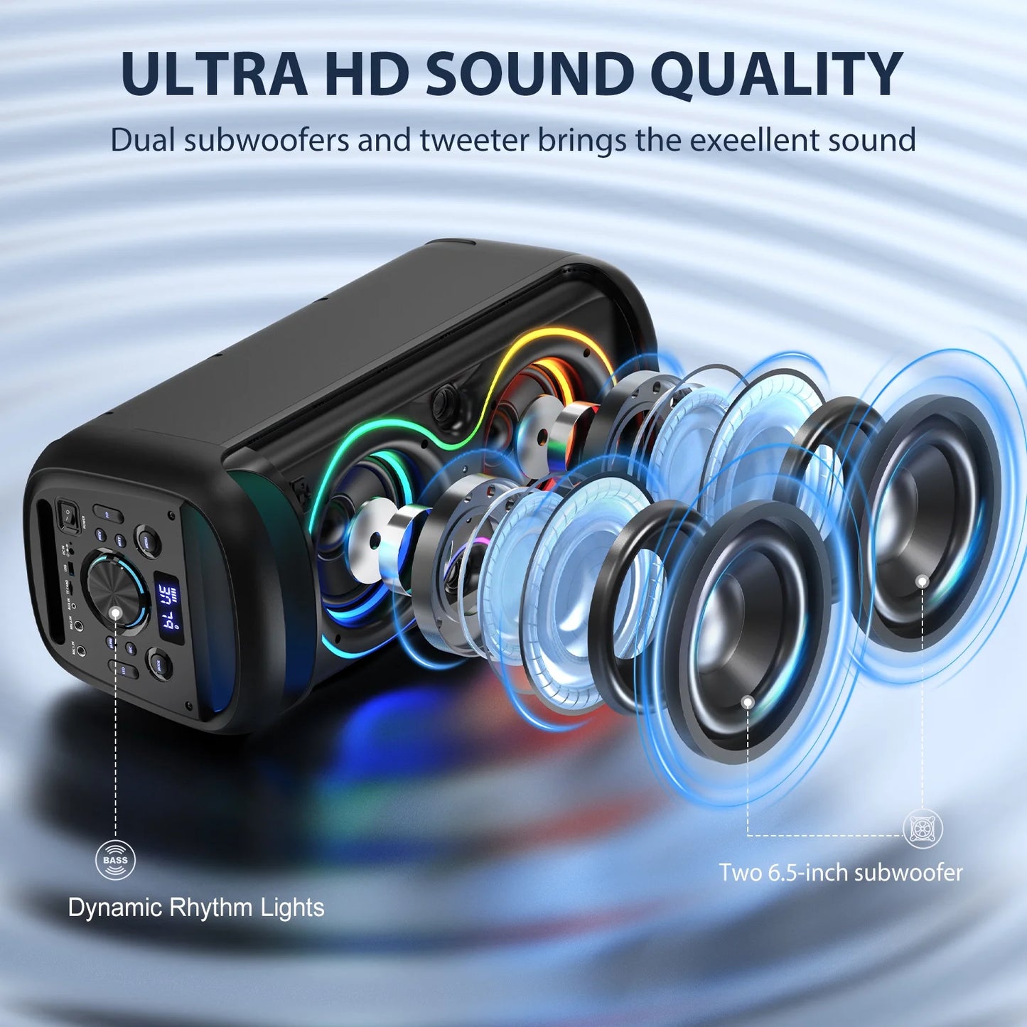 Large Bluetooth Speaker, Portable Wireless Party Speaker with DJ Lights, Remote Control, T20